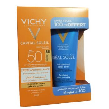 VICHY CAPITAL SOLEIL BB EMULSION TEINTE HALE NATUREL TOUCHER SEC PEAU SENSIBLE MIXTE A GRASSE SPF50 50ML+ APRES SOLEIL 100ML